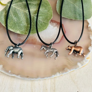 Wild Animal Charm Necklace, Kids Bear, Zebra, Lion, Cheetah, Rhino, And Elephant Necklace