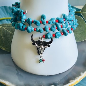 Women’s Turquoise And Red Steer Head Bracelet , Womens Silver Bracelet
