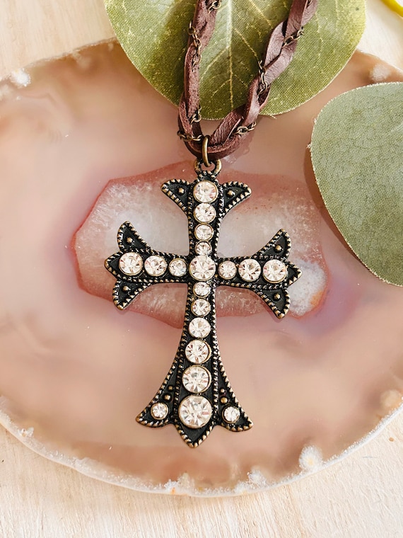 Womens leather necklace with cross hotsell