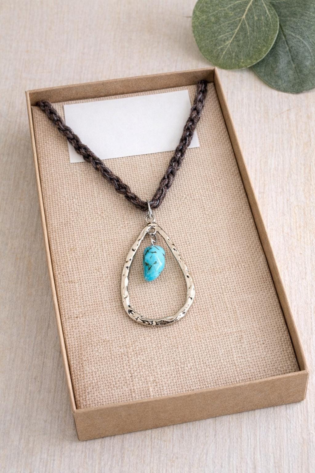 Braided Brown Leather Necklace with Silver-Tone Teardrop Pendant Boho Leather Necklace With Silver Teardrop Pendant, Brown or  main image 4