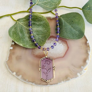 Amethyst Beaded Purple And Gold Etched Flower Pendant Necklace, Women’s Gemstone Floral Necklace