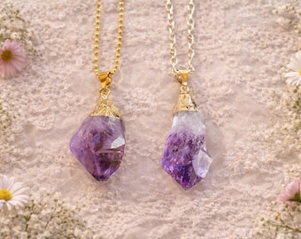 Raw Amethyst Necklace Gold Pendant, Purple Crystal Necklace, Boho Gemstone Jewelry, Cottagecore Statement Necklace Gift for Her