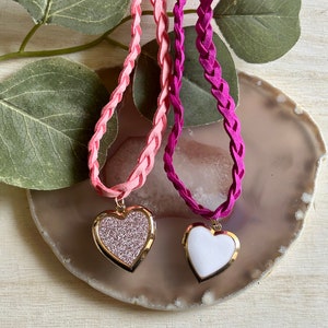 Girls Pink Necklace, Girls Boho Hippie Heart Locket Friendship Necklace