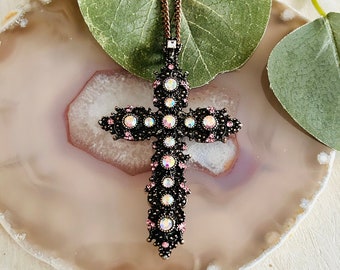Women’s Ornate Rhinestone Cross Pendant Necklace, Women’s Bronze Necklace