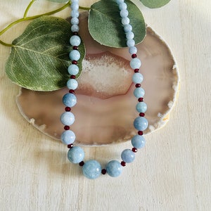 Blue Dyed Quartz Red Beaded Necklace, Women’s Gemstone Hippie Boho Necklace