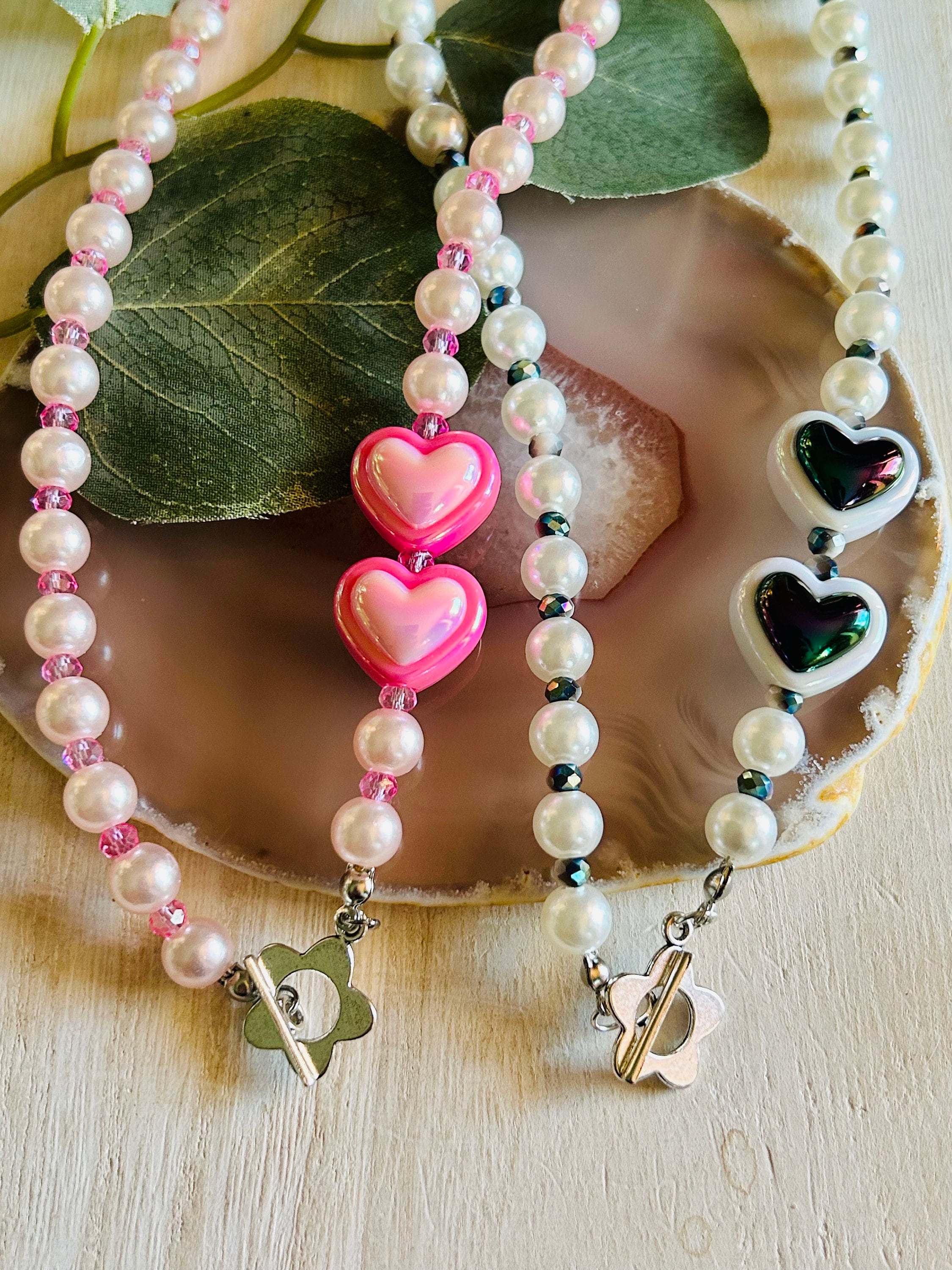 Heart Beaded Toggle Necklace, Girls Pink White Flower Boho Heart Beaded Toggle Necklace, Girls Pink White Flower Boho