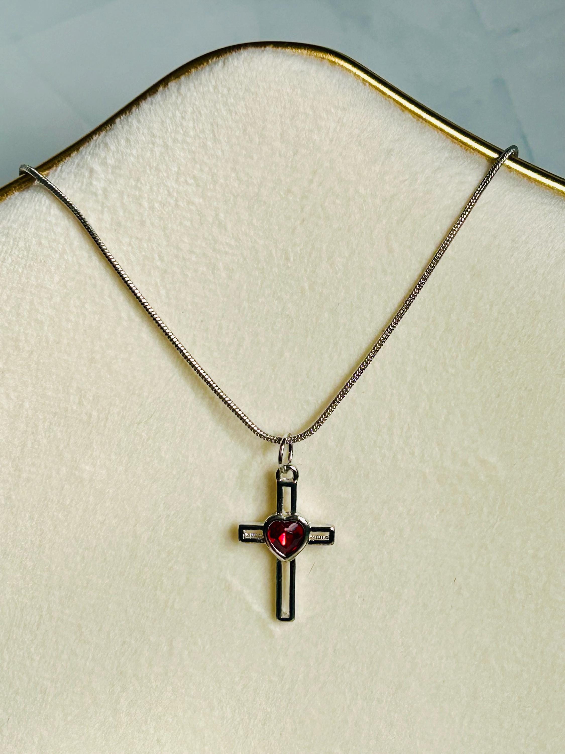 Simple Red Heart Cross Charm Necklace, Love Friendship