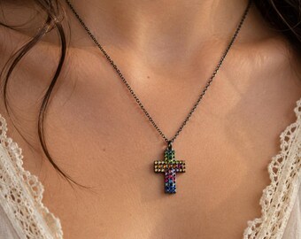 Rainbow Cross Necklace, Colorful Crystal Cross Pendant, Black Chain Necklace, Christian Jewelry, Faith Gift for Her