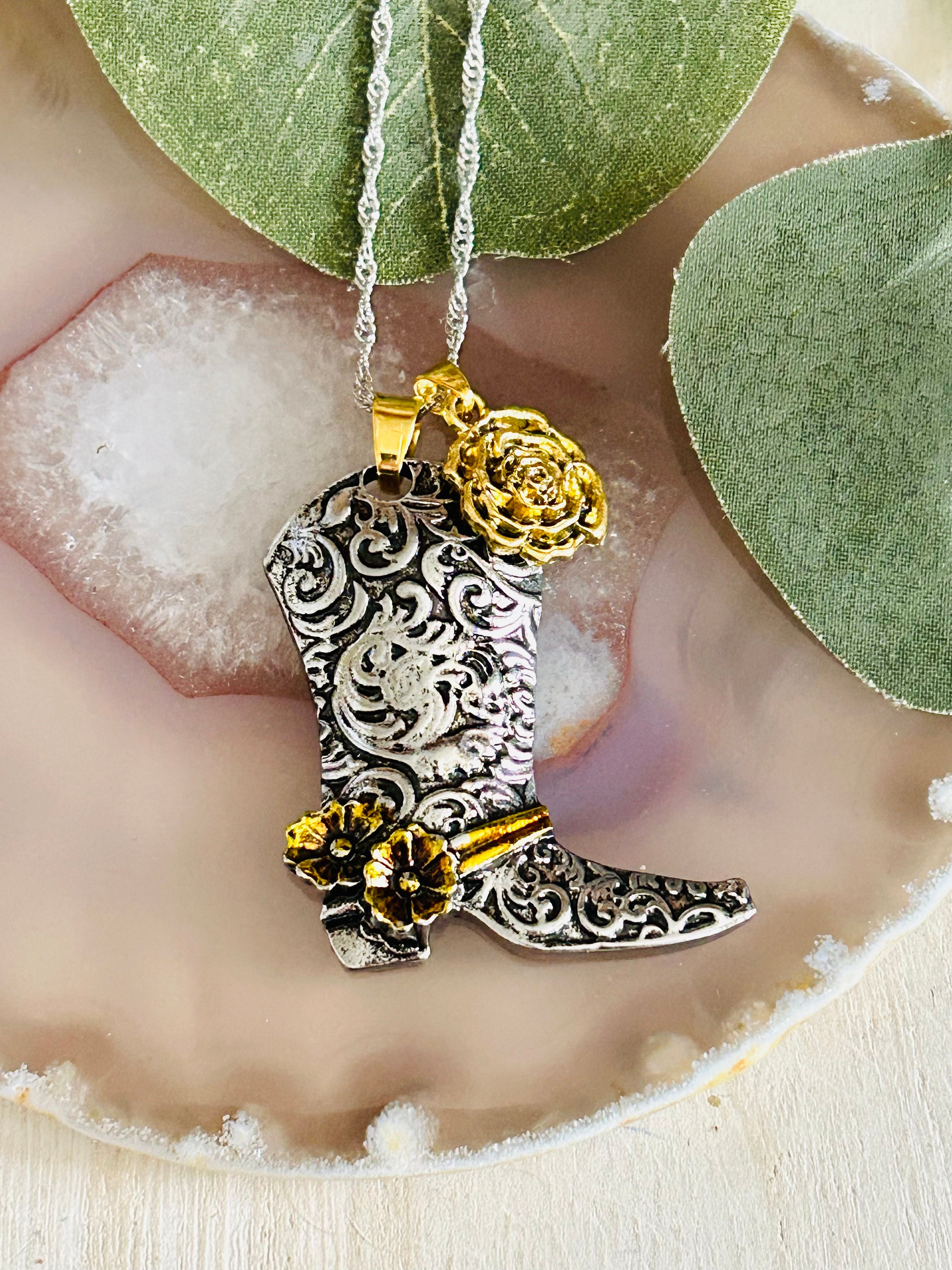 Women's Cowboy Boot and Flower Pendant Necklace, Women's
