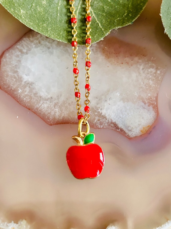 Women's Gold and Red Apple Necklace, Women's Gold Necklace
