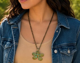 Patina Flower Pendant Necklace, Rustic Floral Statement Necklace, Antique Brass Flower Necklace, Boho Nature Jewelry, Handmade Gift for Her