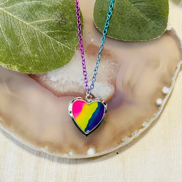 Rainbow Heart Locket Necklace, Kids Simple Necklace