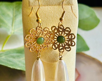 Filigree Flower Synthetic Pearl Earrings , Women’s Drop Vintage Boho Hippie Earrings D2