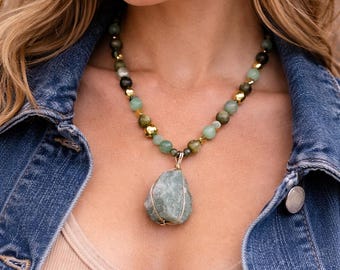 Raw Aquamarine Pendant Necklace, Green Aventurine Beaded Necklace, Boho Gemstone Jewelry, Gold Wire Wrapped Stone Gift for Her
