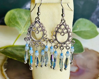 Women’s Silver And Blue Earrings , Women’s Chandelier Earrings D4