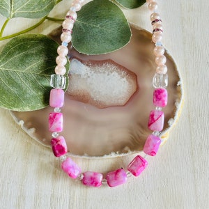Pink Beaded Necklace, Womens Glass Boho Hippie Necklace