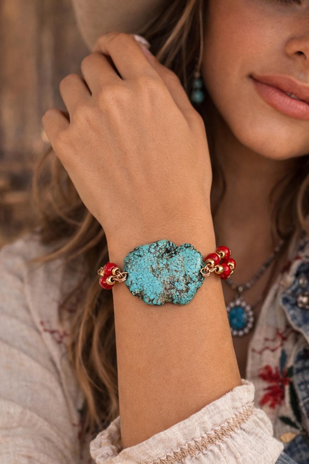 1 pezzo Fascia per capelli in stile cowgirl occidentale con turchese, braccialetto con pendente a croce con perle, gioielli di moda multi-elementi | SHEIN ALIA