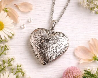 Heart Locket Necklace, Vintage Style Silver Locket, Engraved Heart Pendant, Photo Keepsake Jewelry, Romantic Gift for Her