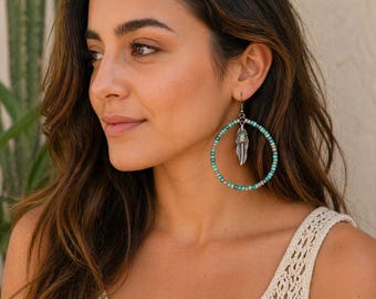 Turquoise Beaded Hoop Earrings, Western Boho Hoop Earrings, Feather Charm Earrings, Cowgirl Jewelry, Boho Statement Earrings