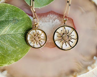 Gold Sun Necklace Mother of Pearl Pendant, Celestial Sun Charm, Layering Necklace, Dainty Gold Jewelry, Boho Minimal Gift