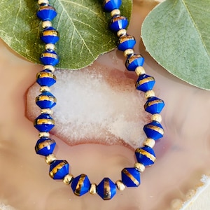 Blue And Gold Beaded Necklace, Women’s Boho Hippie Navy Gold Necklace