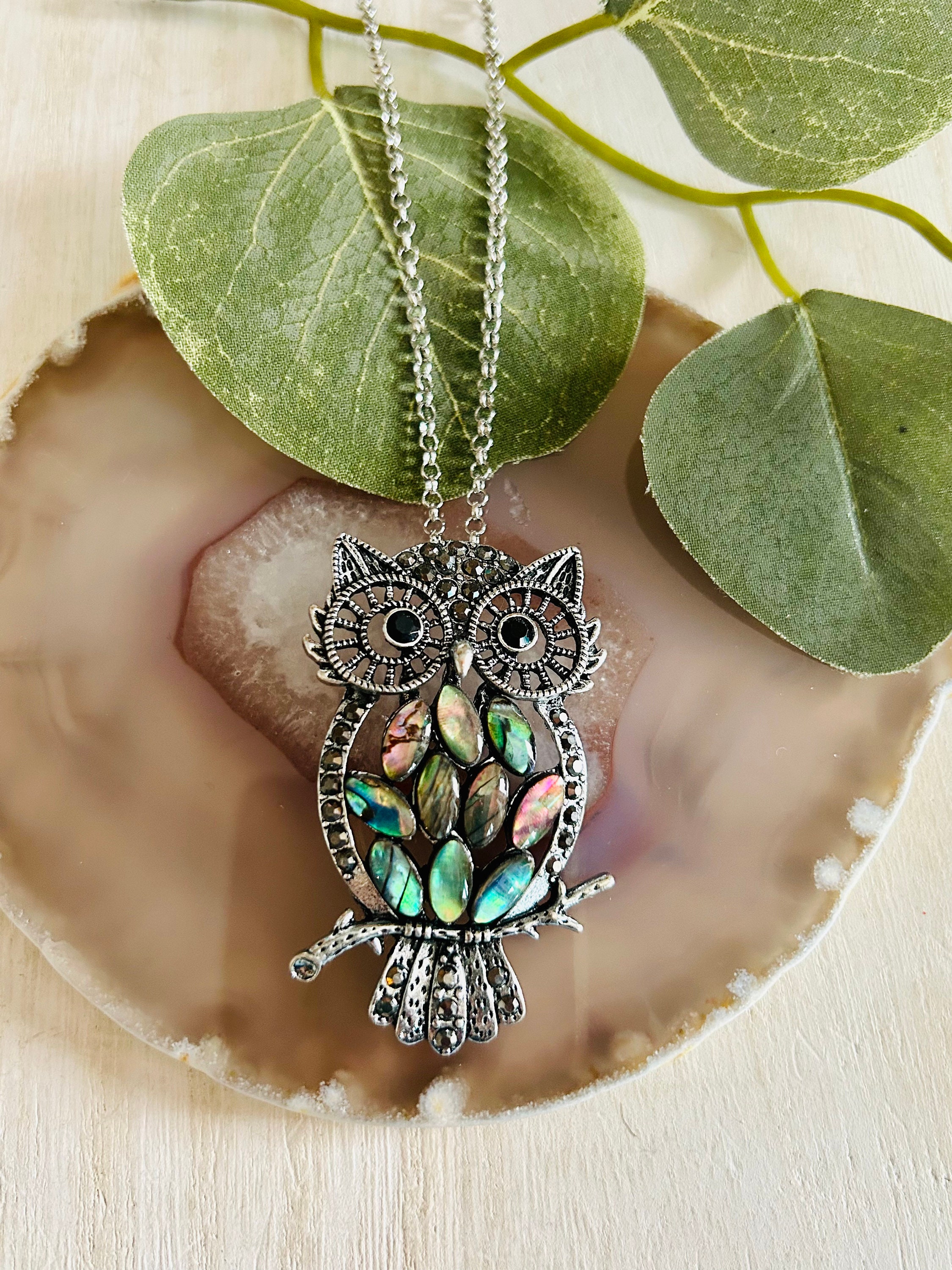 Owl Pendant Necklace, Shell Inlay