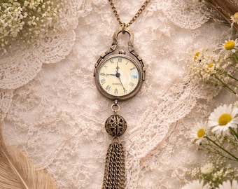 Vintage Pocket Watch Necklace, Antique Style Watch Pendant, Cottagecore Jewelry, Steampunk Necklace, Long Tassel Necklace