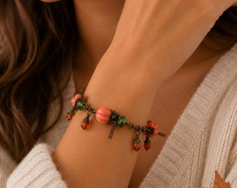 Wagnerite Pumpkin Charm Bracelet , Womens Fall Plant Boho Hippie Bracelet