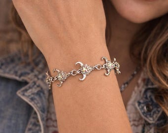 Silver Longhorn Bracelet, Western Cowgirl Charm Bracelet, Southwestern Link Bracelet, Rodeo Jewelry Gift for Her