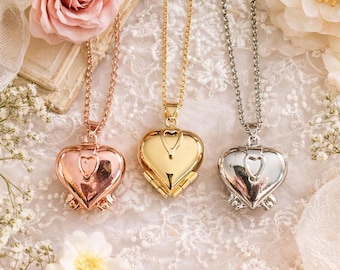 Collar con medallón en forma de corazón con bisagra, medallón en oro, plata y oro rosa, joyería minimalista, regalo romántico para ella, medallón para fotos.