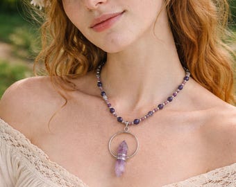 Amethyst Kristall Anhänger Halskette, Lila Perlen Halskette, Boho Cottagecore Schmuck, Heilstein Halskette Geschenk