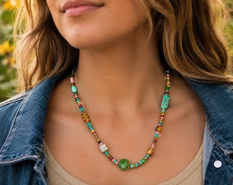 Colorful Boho Beaded Necklace, Handmade Statement Necklace, Eclectic Glass Bead Necklace, Hippie Jewelry for Women, Festival Gift