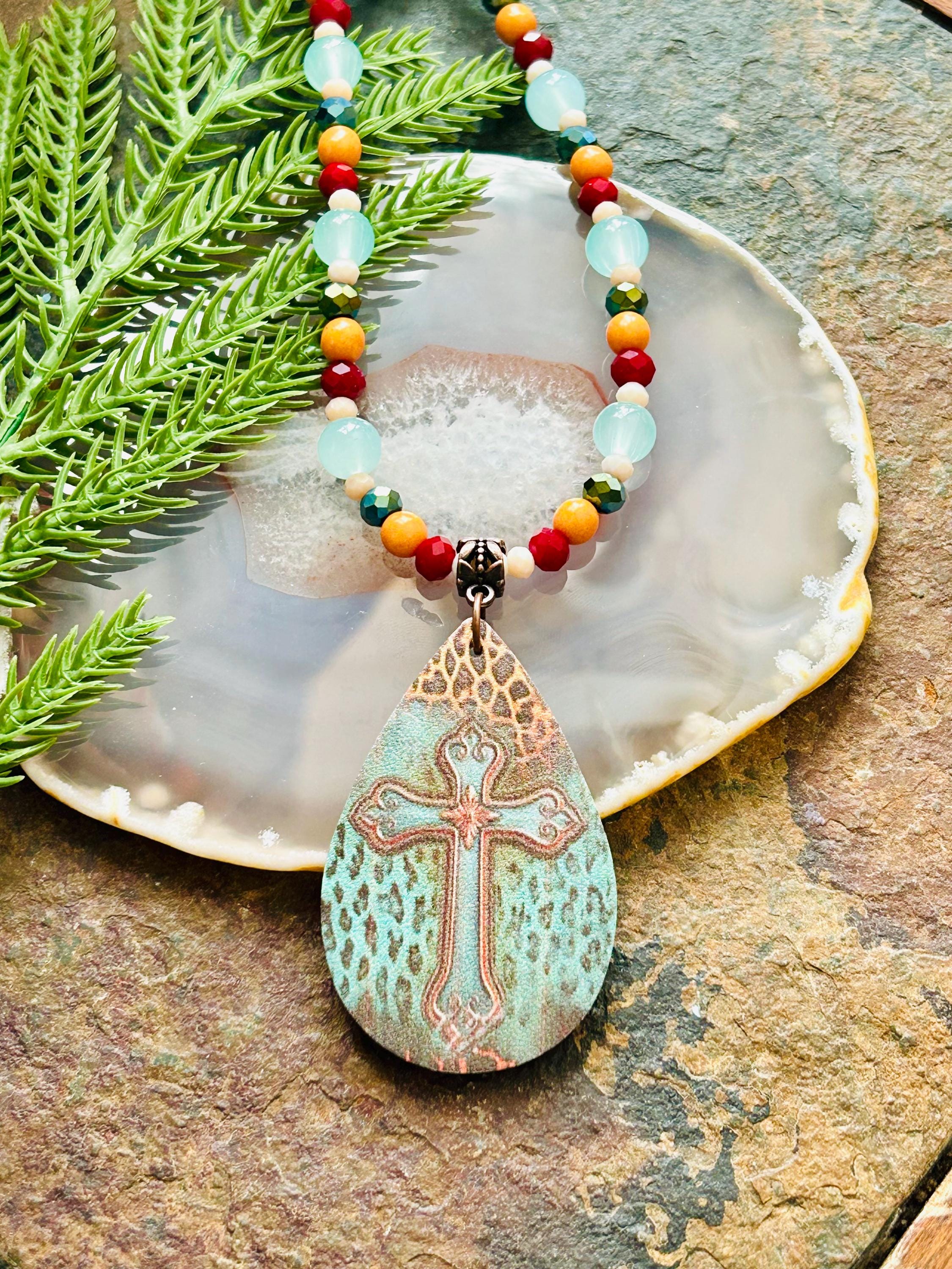 Western Cross Teardrop Necklace, Turquoise Patina Cross Pendant