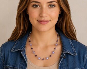 Purple Crystal Beaded Necklace, Iridescent Glass Bead Necklace, Lavender Statement Necklace, Handmade Women’s Jewelry, Gift for Her