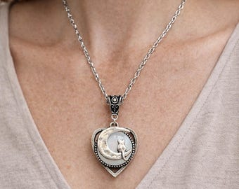 Cat Moon Heart Necklace, Silver Cat Lover Necklace, Crescent Moon Cat Pendant, Witchy Jewelry, Gothic Cat Gift, Animal Lover Jewelry