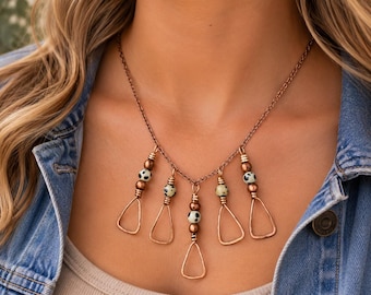 Collar colgante de cobre con cuentas, collar bohemio de cobre hecho a mano, joyería de cuentas con estampado dálmata, collar rústico occidental llamativo, regalo para ella.