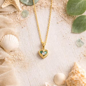 Heart Locket Necklace Blue CZ, Gold Heart Pendant, Beachy Coastal Jewelry, Dainty Locket Necklace, Gift for Her