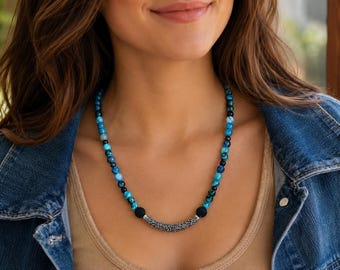 Blue Beaded Statement Necklace, Handmade Bead Necklace, Turquoise Style Necklace, Silver Tube Accent Necklace, Boho Jewelry Gift for Women