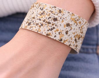 Gold Speckled Leather Cuff Bracelet | Wide White Leather Bracelet | Minimalist Statement Cuff | Boho Western Jewelry