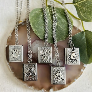Book Locket Pendant Necklace, Silver Cable Chain