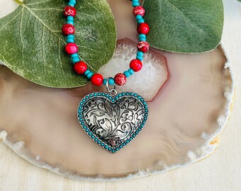 Red Imperial Jade Beads And Heart Beaded Necklace, Womens Gemstone Western Southwestern Necklace