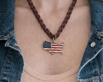 Ketting met vlag van de VS, hanger ketting patriottisch Amerika, westerse leren koordketting, Fourth of July-sieraden, Americana cadeau