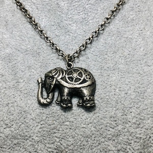 Womens Steampunk Elephant Charm Necklace, Womens Silver Necklace