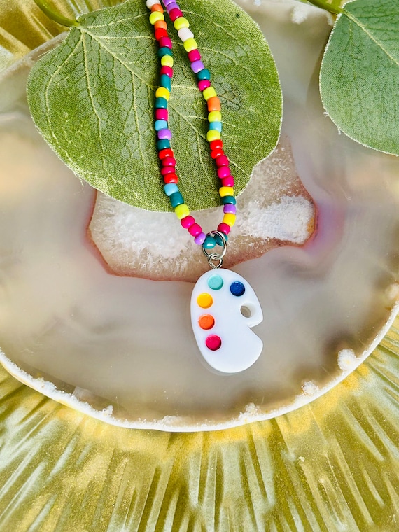 Beaded Paint Palette Charm Stretch Necklace, Kids Art Painting