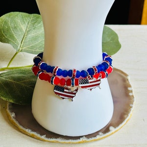 Red White And Blue Flag Bracelet , Womens Boho Hippie 4th Of July Patriotic Bracelet