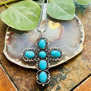 Womens Turquoise Cross Pendant Necklace, Womens Silver Necklace