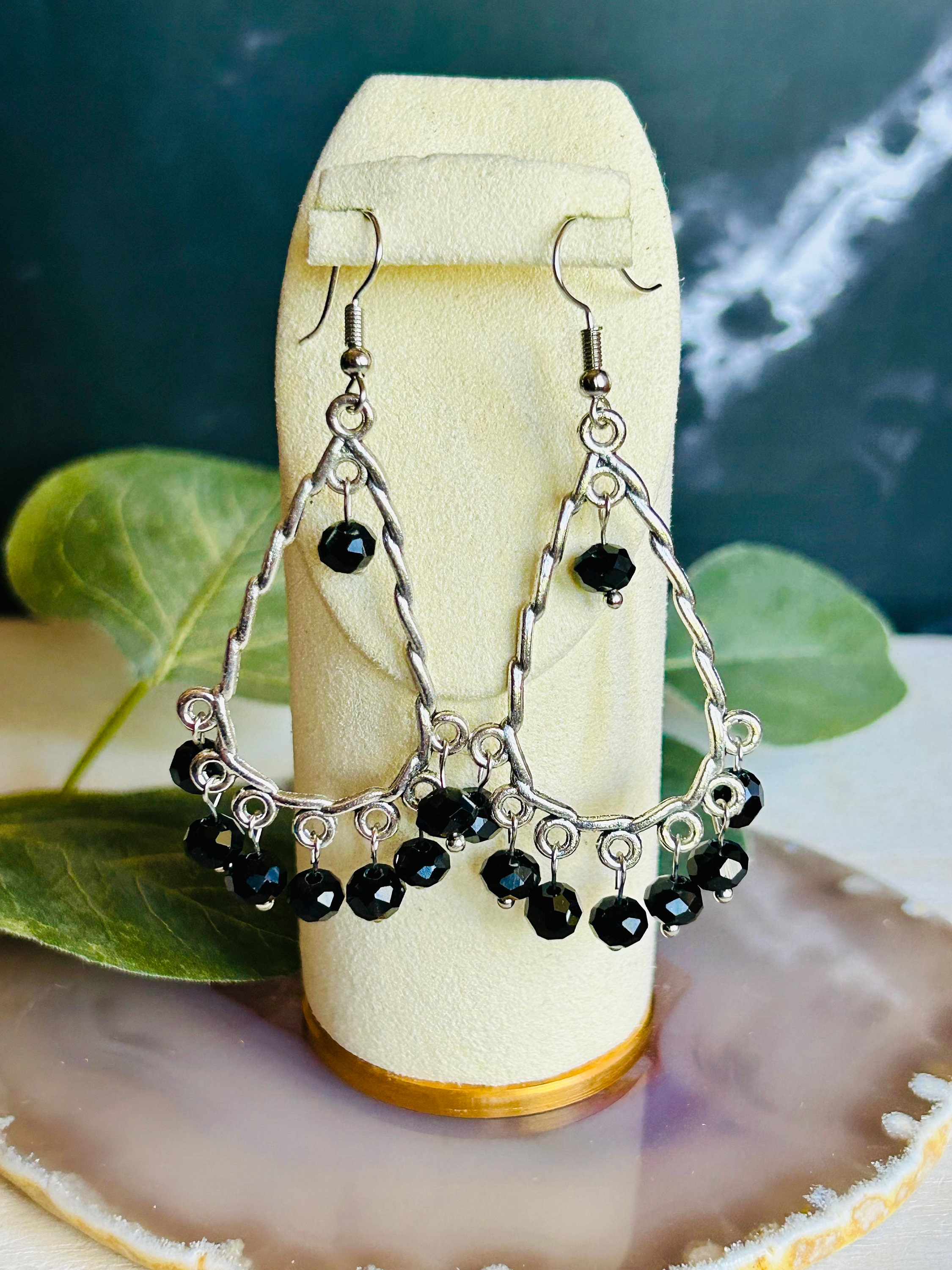 Boucles D'oreilles Pendantes Argent Massif - Courbes Et Perles Noires - Occasion