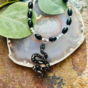 Black Beaded Snake Pendant Necklace, Womens Witchy Boho Hippie Star Celestial Animal Necklace