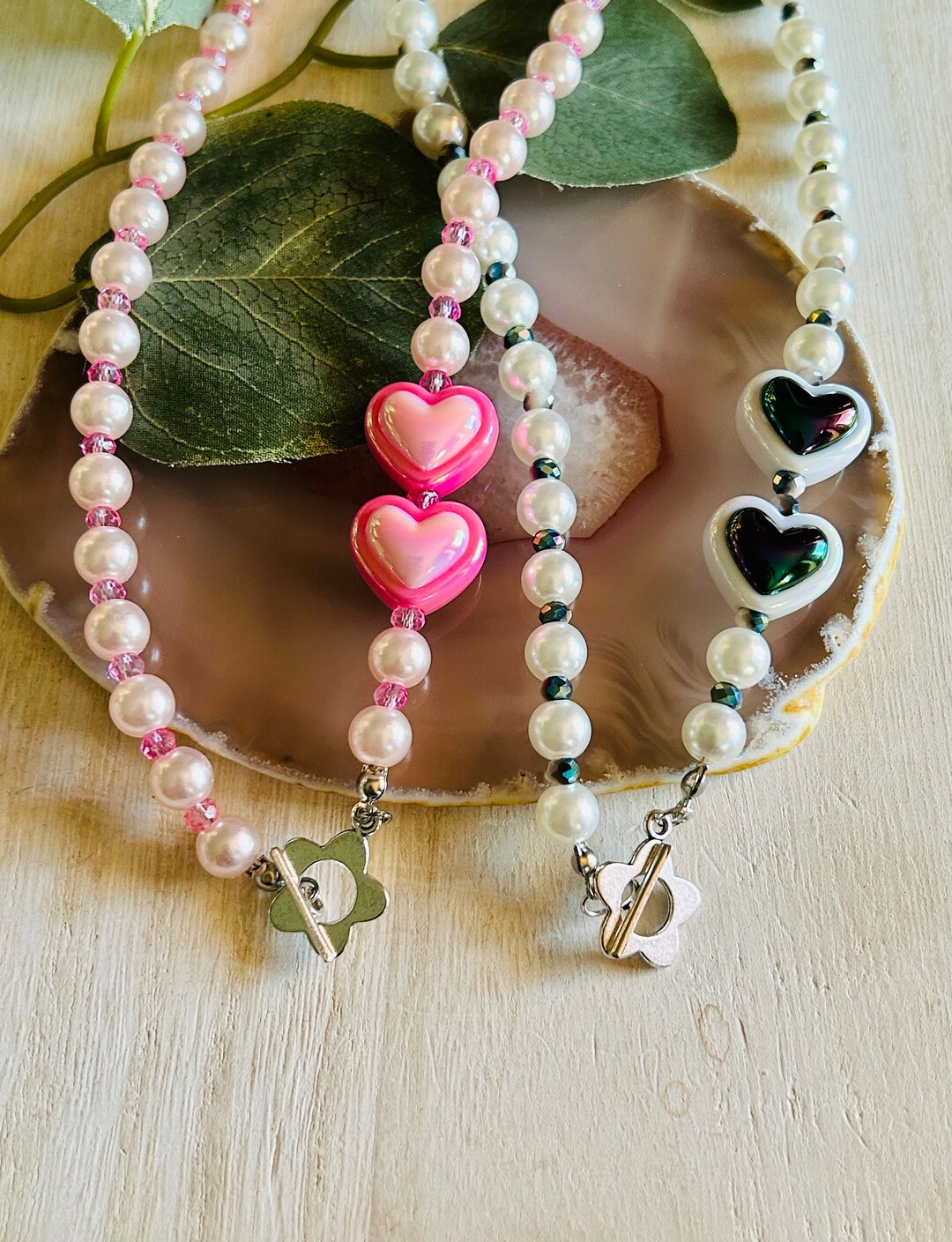 ●VVV● High Teen Pink Bead Heart Toggle Necklace 22SSNK046P HIGHTEEN DOUBLE HEART PINK BEADS CHAIN NECKLACE - VVV | 60