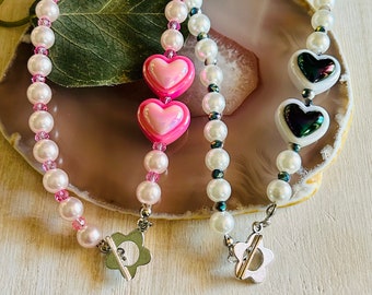 Heart Beaded Toggle Necklace, Girls Pink White Flower Boho Hippie Necklace